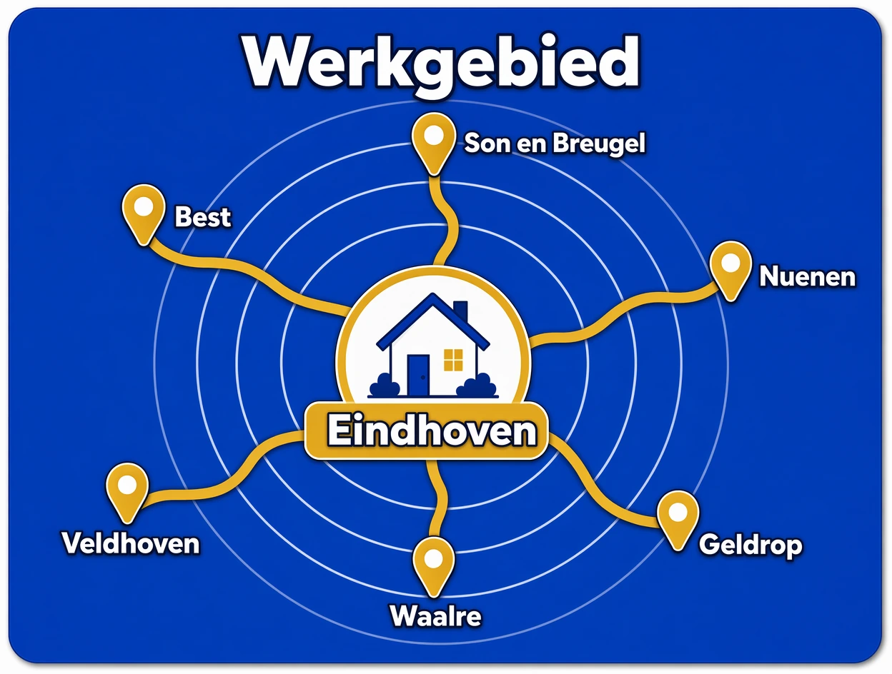 Werkgebied van Cheetah Valuations rond Eindhoven, met Best, Nuenen, Waalre, Veldhoven, Geldrop en Son en Breugel.