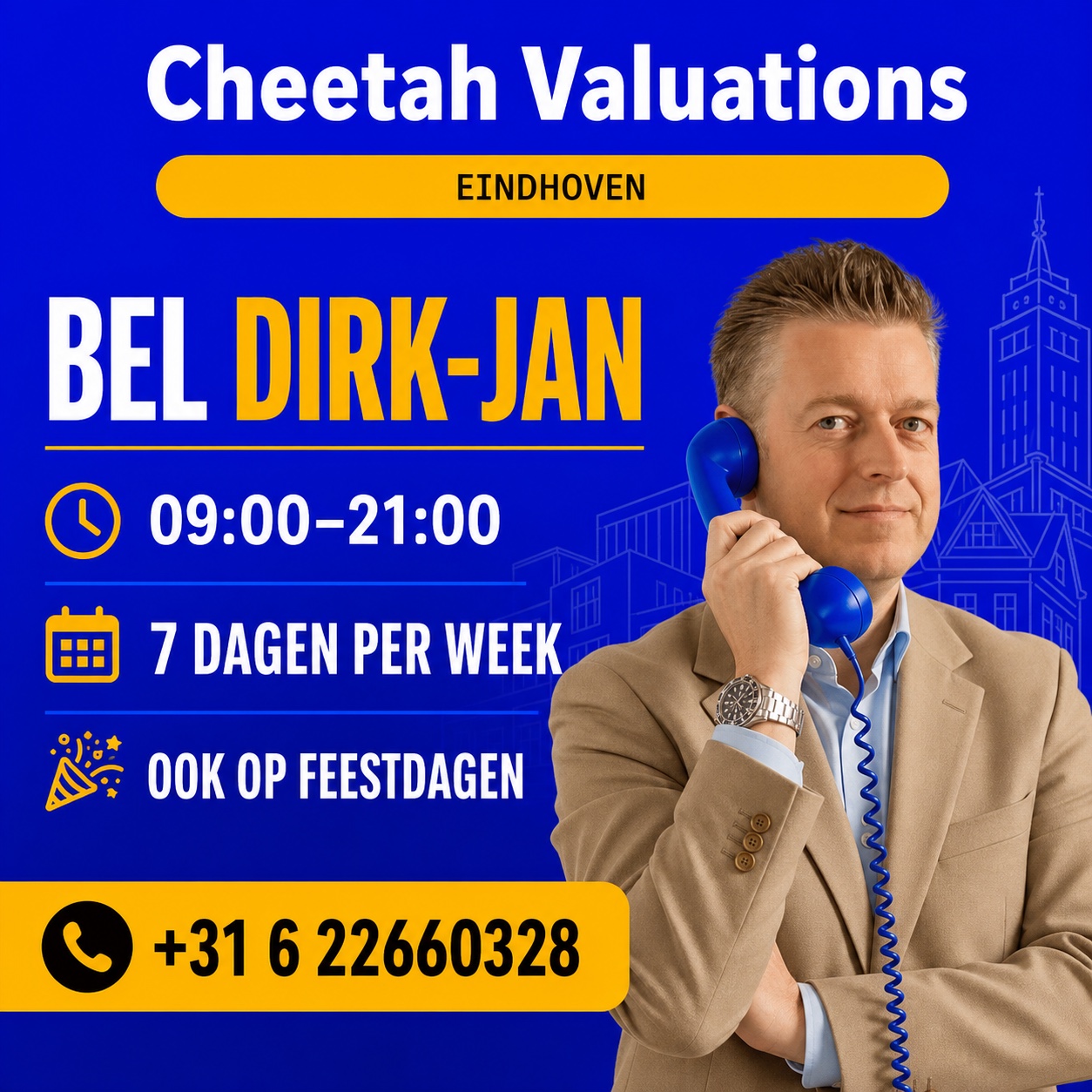 Dirk-Jan Bonenkamp van Cheetah Valuations. Afbeeldingstekst: bel Dirk-Jan van 09:00 tot 21:00, zeven dagen per week en ook op feestdagen, +31 6 22660328.