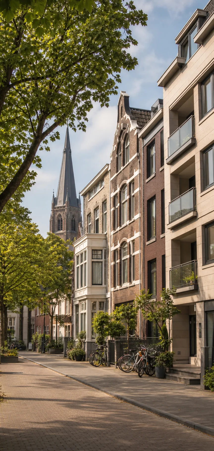 Stadsstraat met woningen en groen in Eindhoven Centrum, Noord-Brabant