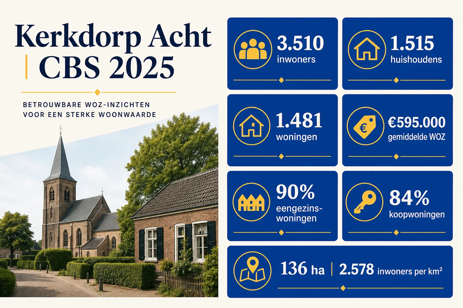 Huis laten taxeren in Kerkdorp Acht | lokale markt en WOZ 4 CBS 2025 statistieken voor Kerkdorp Acht: inwoners, huishoudens, woningen, WOZ en woningmix