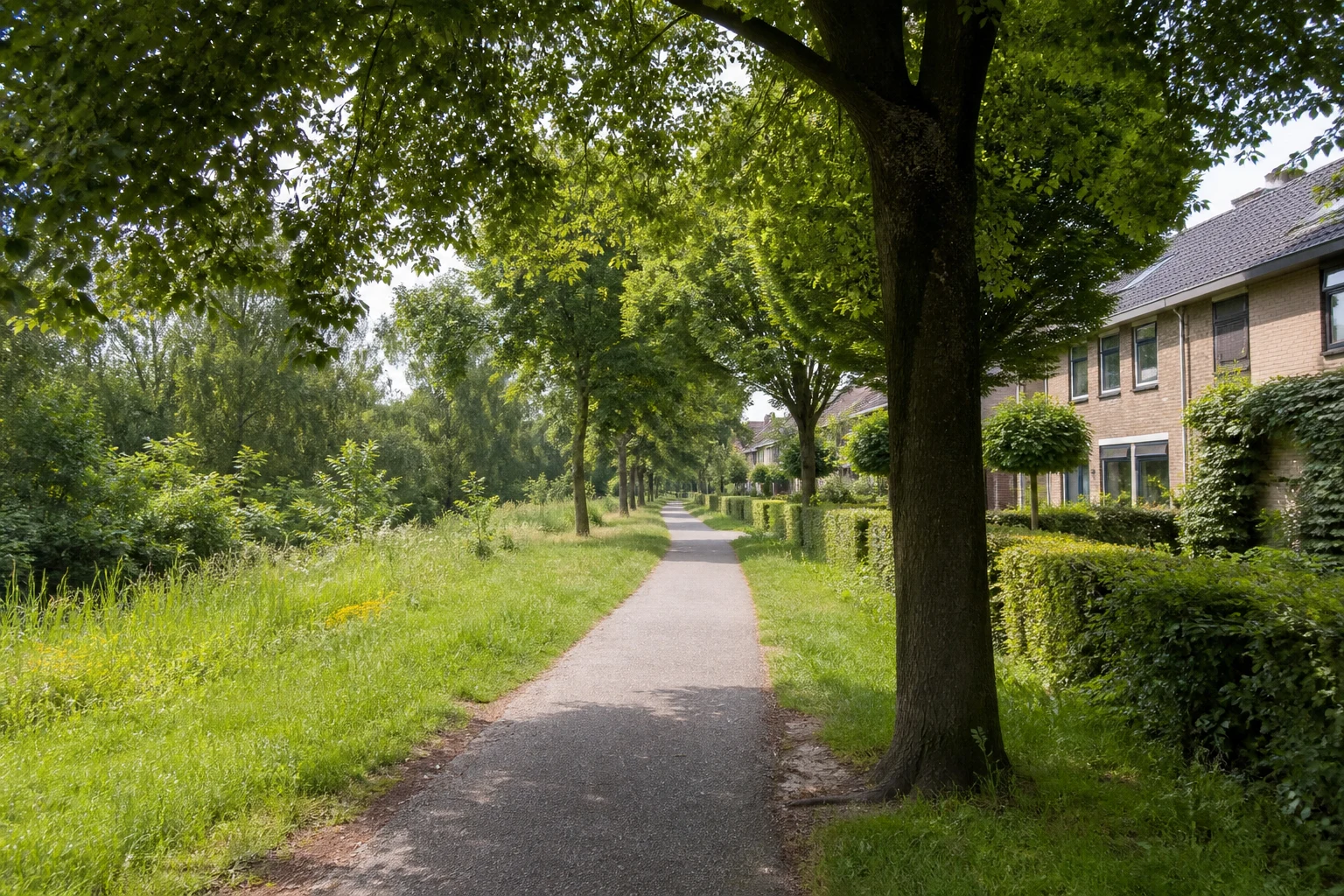 Groene woonstraat en parkcontext in Kortonjo