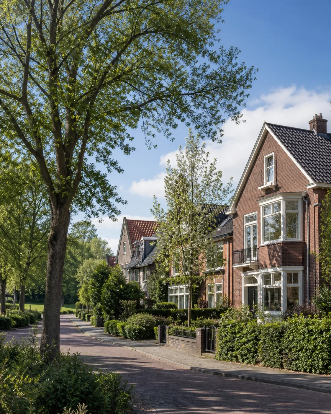 Groene woonstraat met bakstenen gezinswoningen in Roosten, Eindhoven