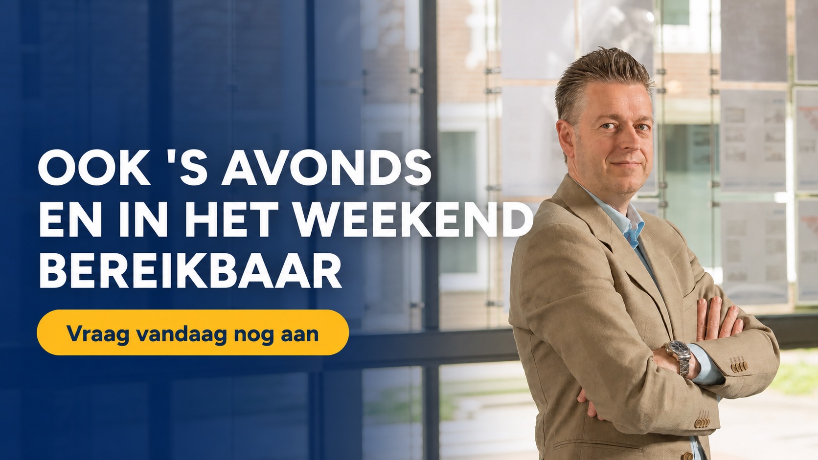 Dirk-Jan Bonenkamp van Cheetah Valuations. Afbeeldingstekst: Ook 's avonds en in het weekend bereikbaar. Vraag vandaag nog aan.