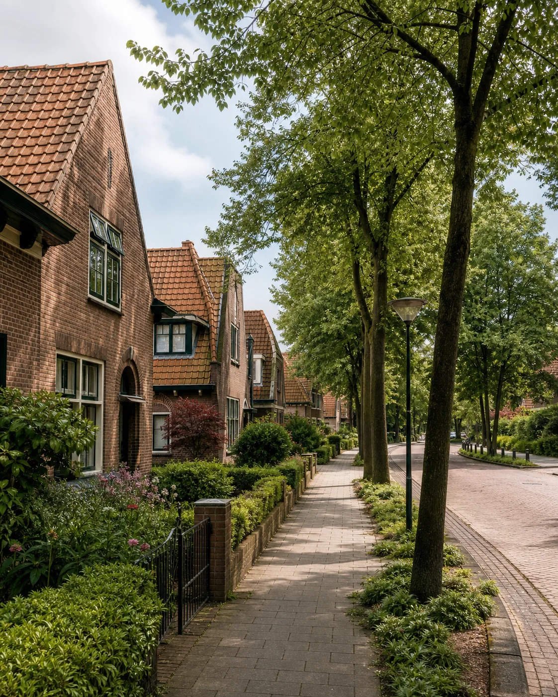 Bakstenen straat met volwassen groen in Tuindorp Eindhoven